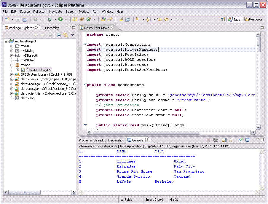 Output from a java application