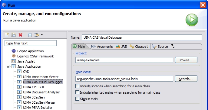 Eclipse run dialog with CVD selected