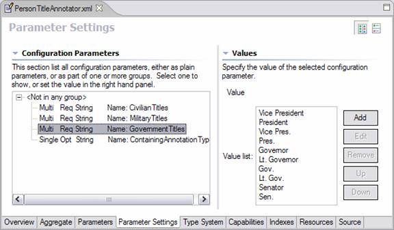 Parameter settings page