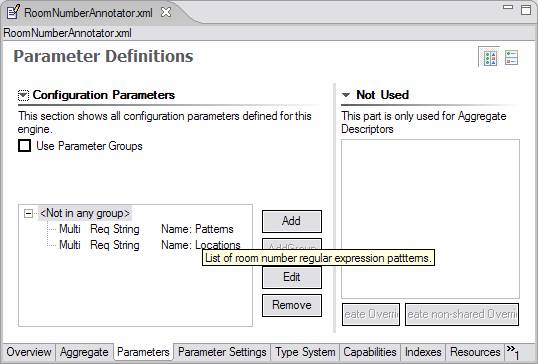 Screenshot of UIMA Component Descriptor Editor (CDE) Parameters page
