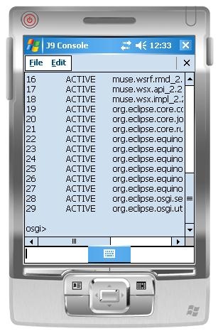 Screenshot of Eclipse Equinox console on a mobile device.