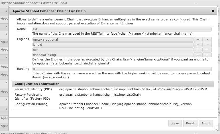 Configuration dialog for the ListChain